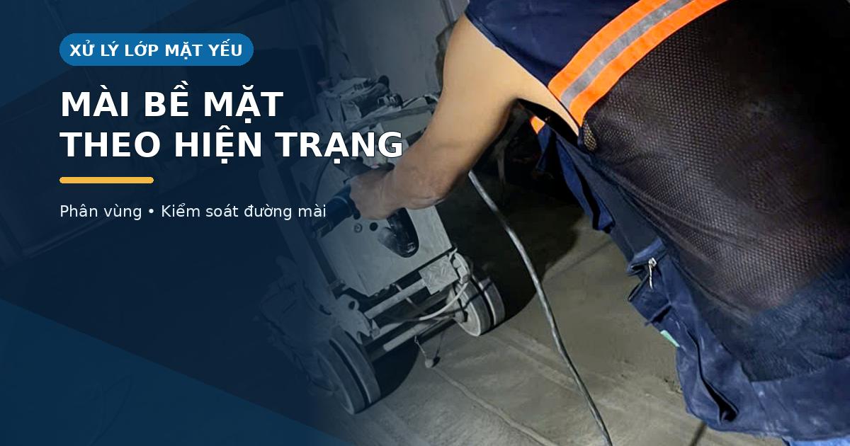 Kiểm tra và mài bề mặt sàn bê tông phát sinh bụi Xử lý bụi sàn bê tông Tây Ninh tại khu vực đang mài nền