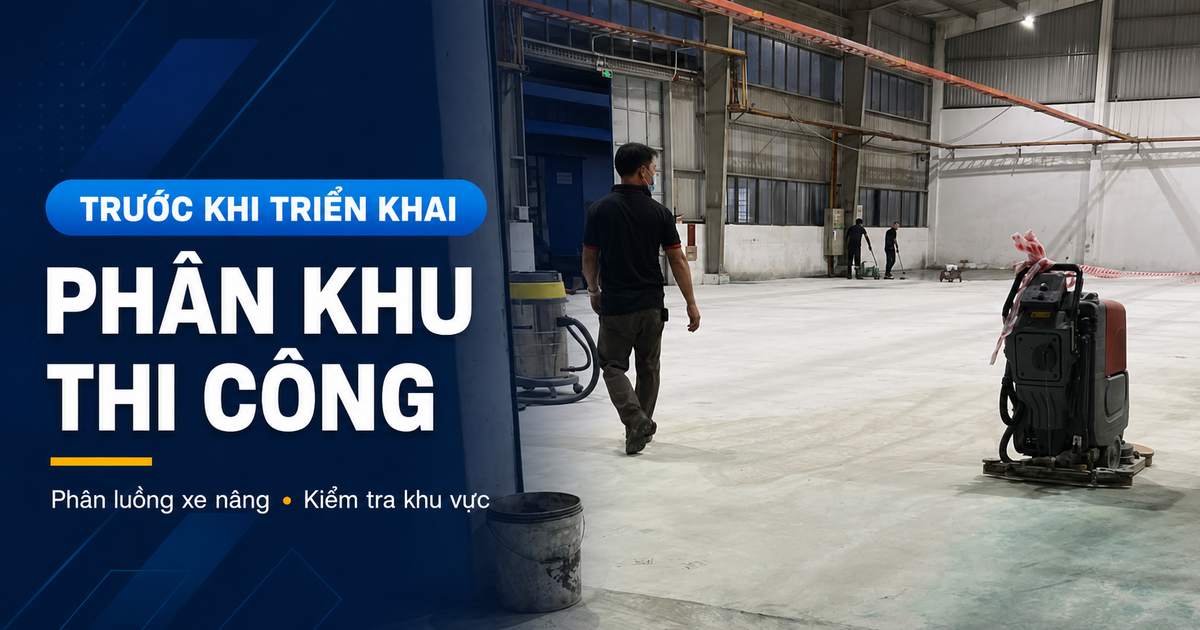Xử lý sàn nhà xưởng có tuyến xe nâng thường xuyên Đánh bóng sàn xe nâng Đồng Nai tại khu vực nhà xưởng đang xử lý bề mặt