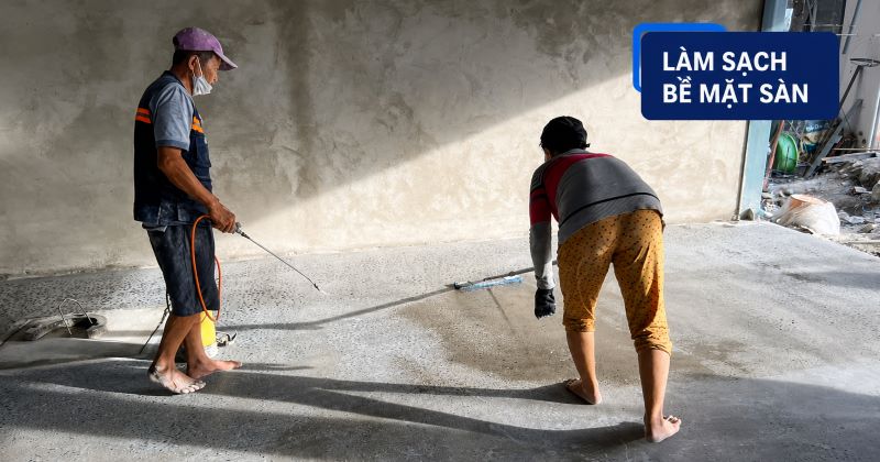 Vệ sinh và làm sạch bề mặt sàn bê tông trước khi sơn epoxy