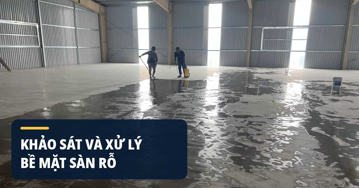 Xử lý bề mặt sàn bê tông bị rỗ trước khi đánh bóng Đánh bóng sàn bê tông bị rỗ trong giai đoạn xử lý bề mặt