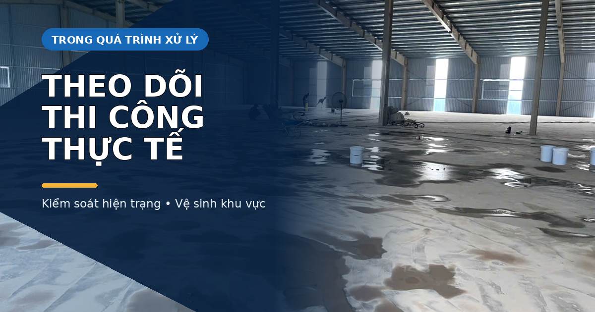 Khu vực sàn kho xưởng đang trong quá trình xử lý Quá trình xử lý bề mặt sàn bê tông trong kho xưởng