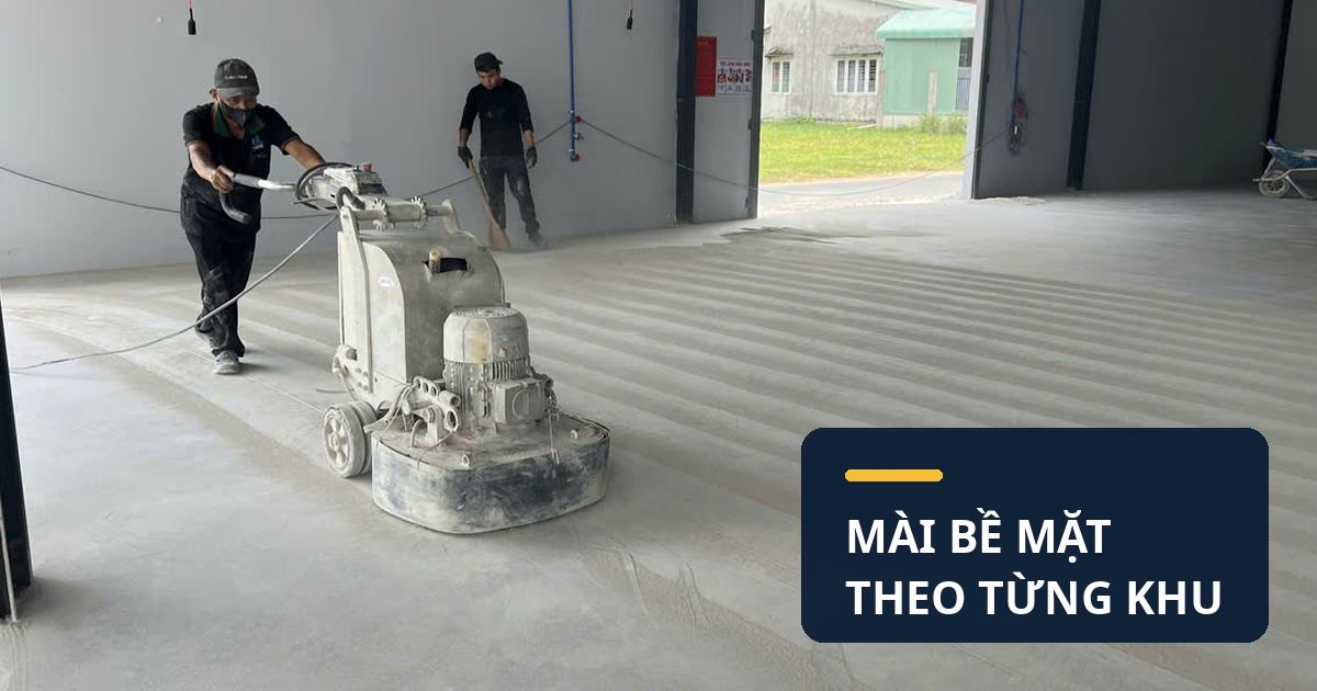 thi công sàn không gián đoạn bằng cách mài bề mặt theo từng khu