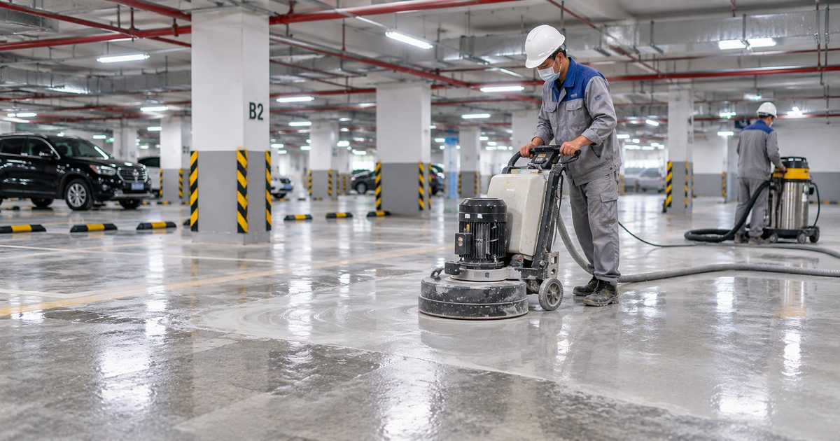 Minh họa hiện trạng sàn tầng hầm trước khi đánh bóng đánh bóng sàn tầng hầm giữ xe trước bước xử lý bề mặt