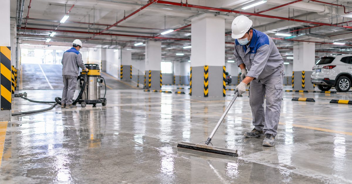 Minh họa thi công đánh bóng sàn tầng hầm Máy thi công đánh bóng bề mặt sàn bê tông trong tầng hầm giữ xe