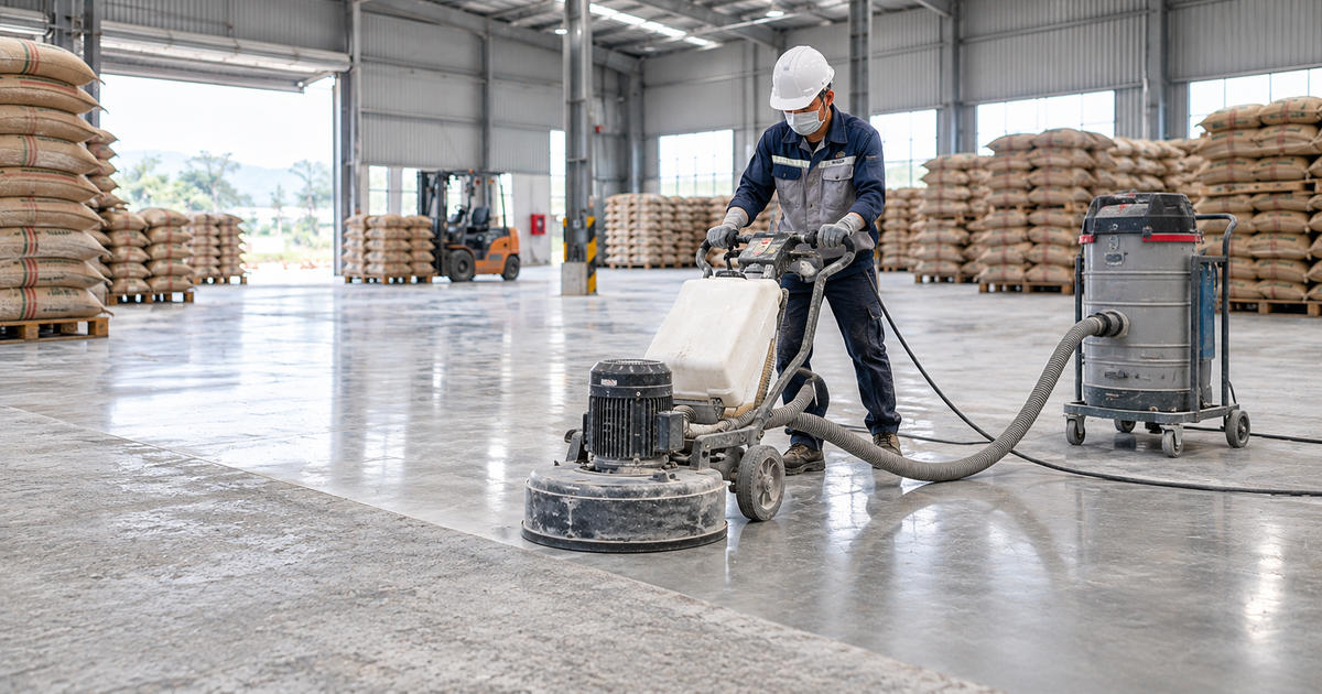 đánh bóng sàn kho cà phê tại Gia Lai với khu lưu trữ và lối vận hành
