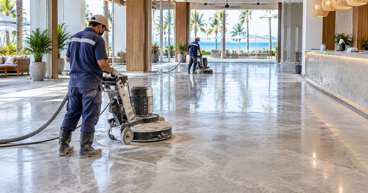 Khảo sát sàn bê tông khu vực resort trước khi đánh bóng đánh bóng sàn bê tông cho resort trong khu vực sảnh nghỉ dưỡng