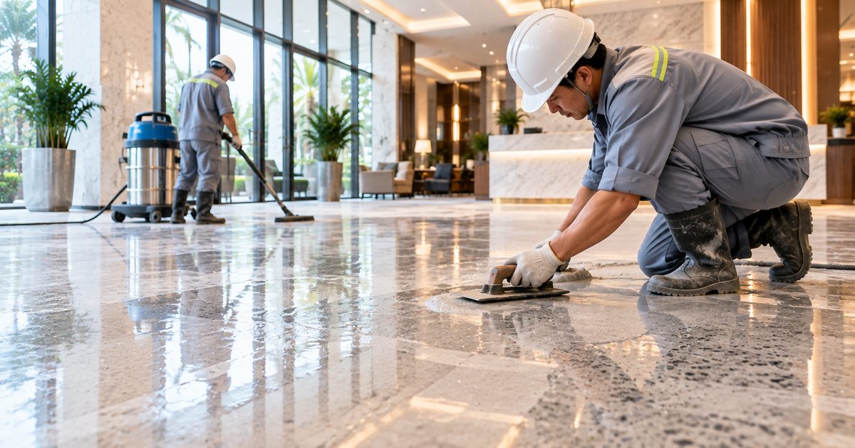 bề mặt sảnh khách sạn sau mài và đánh bóng bê tông