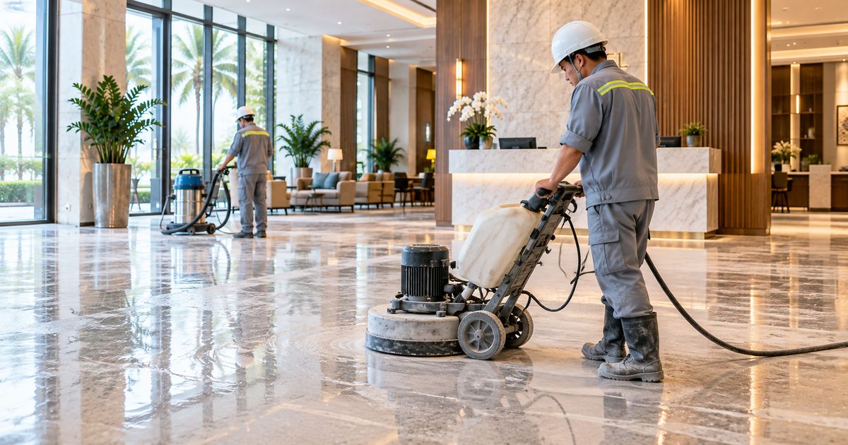 đánh bóng sàn bê tông sảnh khách sạn ở bước khảo sát bề mặt