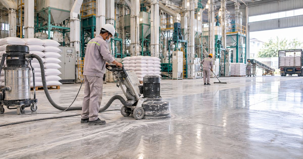 Minh họa khu sản xuất xay xát lúa gạo cần xử lý sàn đánh bóng sàn nhà máy xay xát lúa gạo