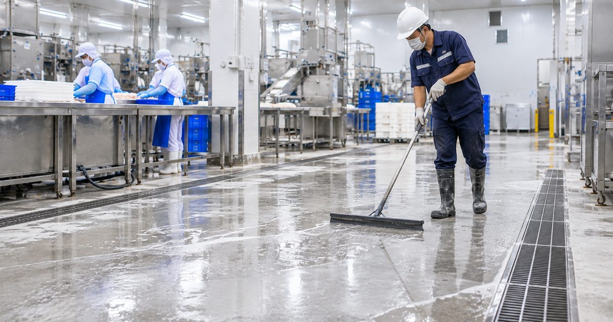 minh họa vệ sinh và thoát nước trên sàn nhà máy thủy sản