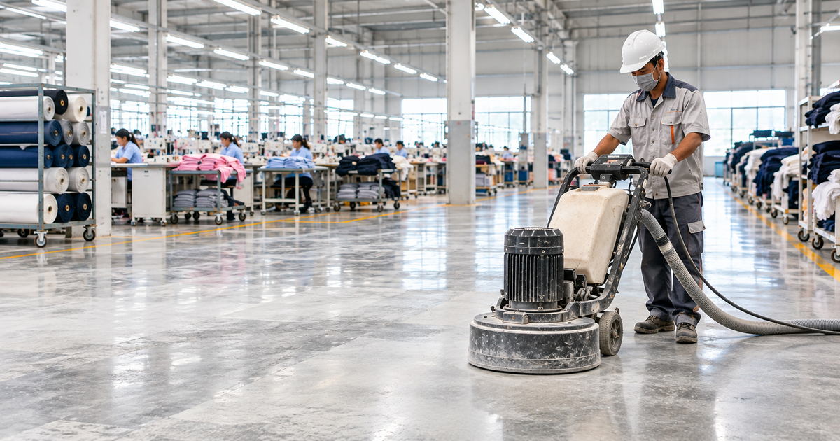 Minh họa bố trí mặt sàn trong xưởng dệt may Sàn bê tông cho xưởng dệt may với lối vận hành rõ ràng