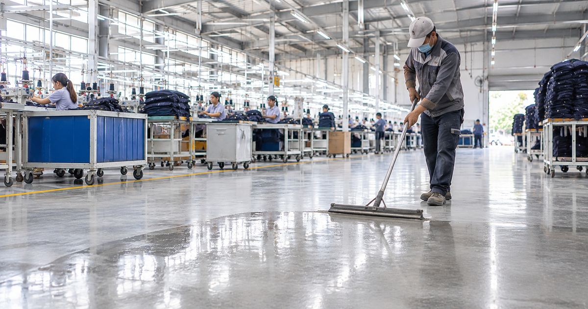 lối xe đẩy trên nền bê tông trong xưởng may