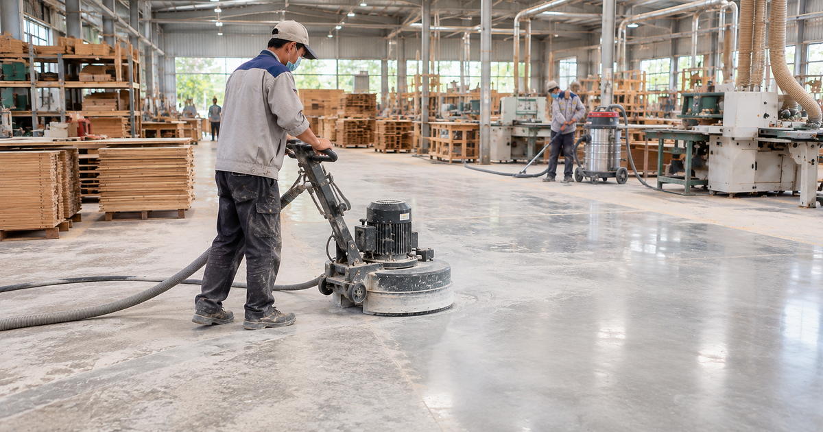Minh họa mặt sàn bê tông trong xưởng gỗ nhiều bụi sàn bê tông cho xưởng gỗ nhiều bụi trong khu vực sản xuất