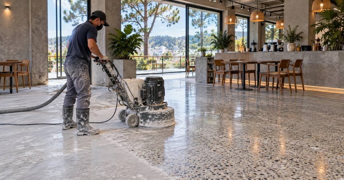 sàn bê tông lộ đá cho quán cà phê trong không gian nội thất