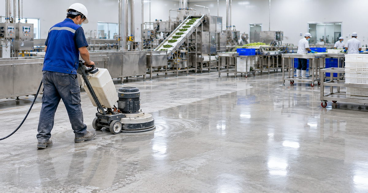Minh họa khu sản xuất chế biến thực phẩm sàn bê tông cho cơ sở chế biến thực phẩm tại khu sản xuất