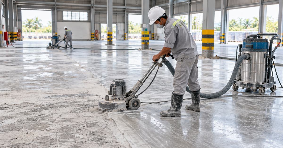 Minh họa ảnh hưởng của ẩm và muối lên bề mặt sàn bê tông sàn bê tông trong khu vực có độ mặn cao với dấu hiệu ẩm và muối trên bề mặt