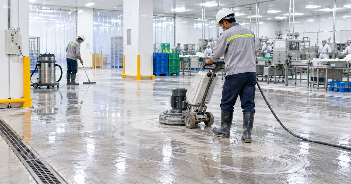 Minh họa phân vùng thi công và kiểm soát bụi vệ sinh khi đánh bóng sàn nhà máy thực phẩm