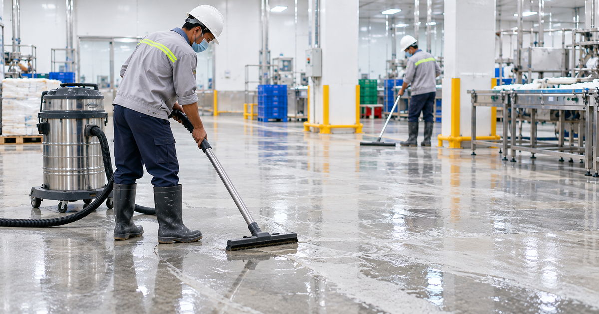 Minh họa vệ sinh bề mặt trước nghiệm thu Minh họa làm sạch bề mặt trước nghiệm thu sàn nhà máy thực phẩm
