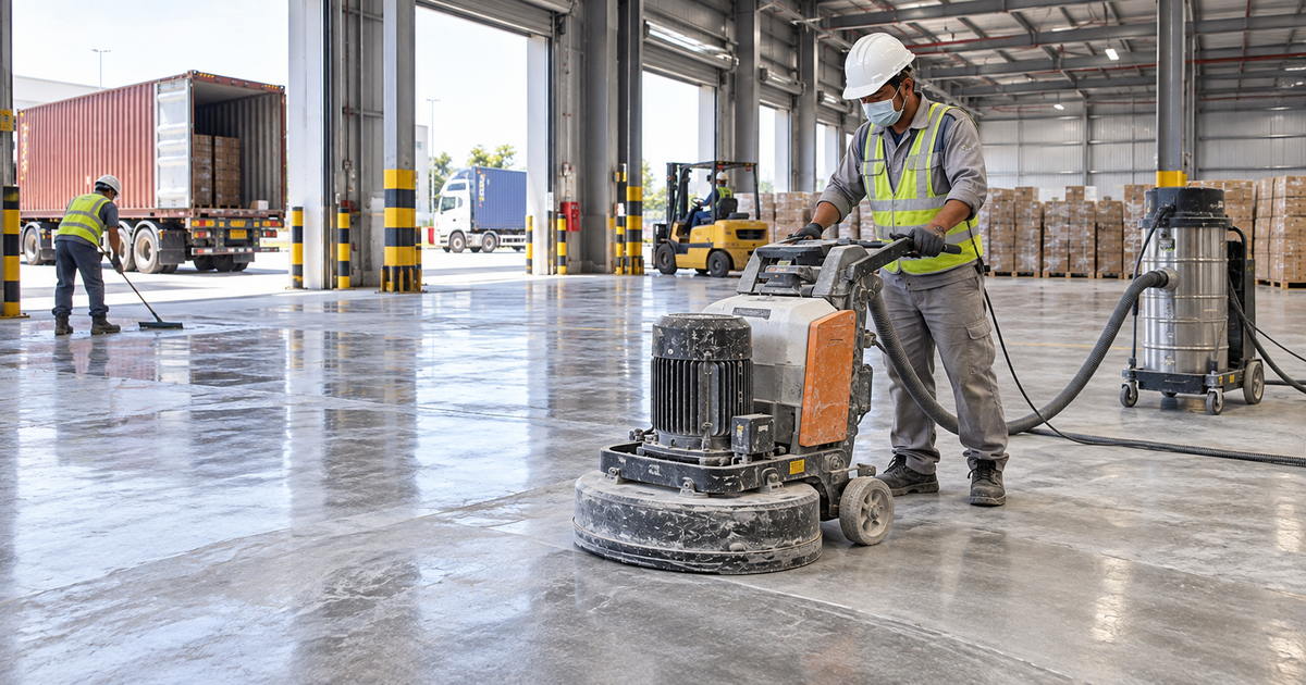 Minh họa khu xuất hàng có xe container đánh bóng sàn trung tâm logistics có xe container