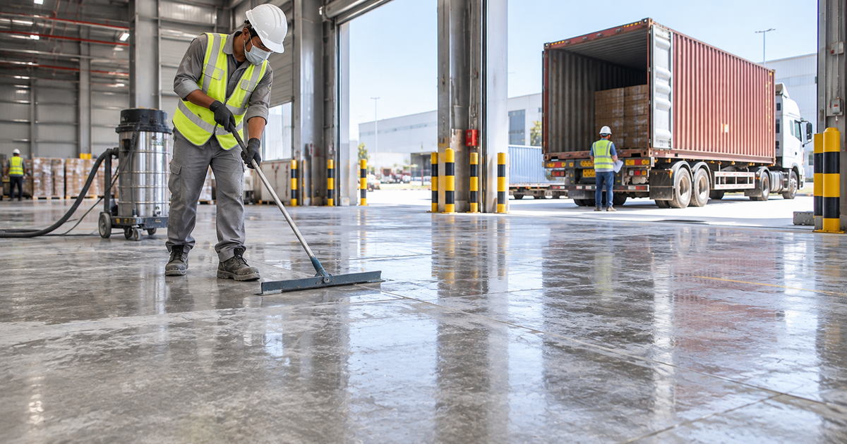 Minh họa phân vùng mặt sàn logistics trước khi đánh bóng Minh họa phân vùng sàn logistics theo lối xe nâng và khu quay đầu