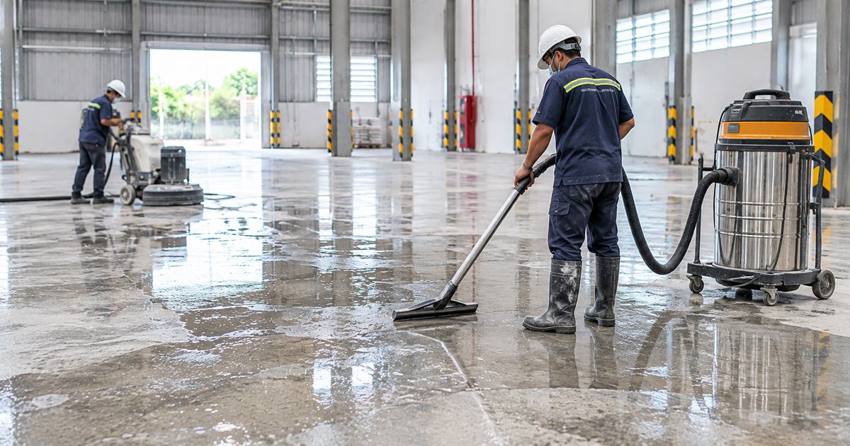 Phân vùng nền khô và vùng còn ẩm trước khi mài sàn bê tông