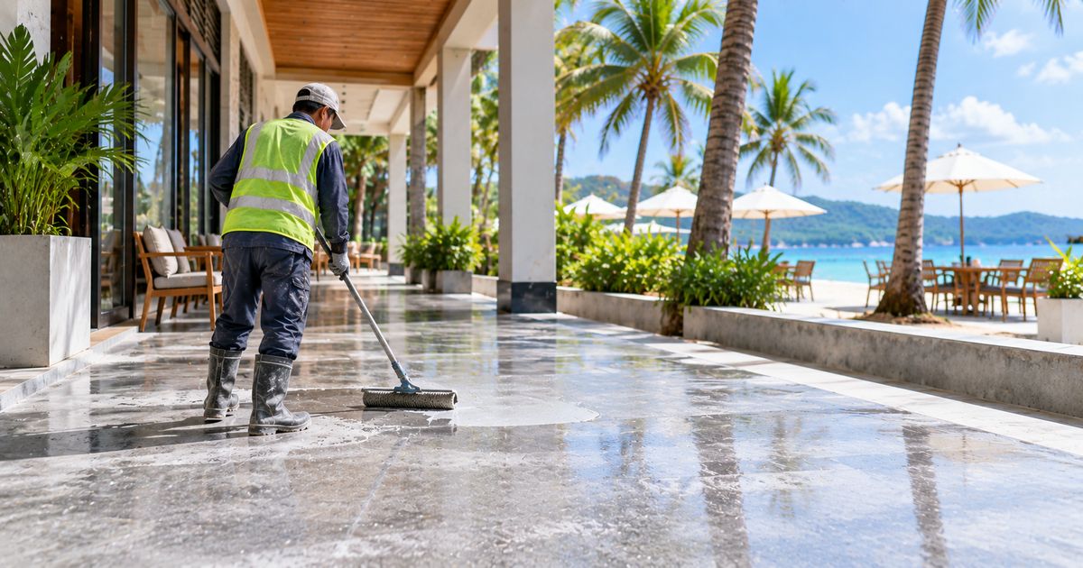 Minh họa vùng chuyển tiếp khô ướt cần kiểm soát độ bám Minh họa vùng chuyển tiếp khô ướt của sàn bê tông khu dịch vụ