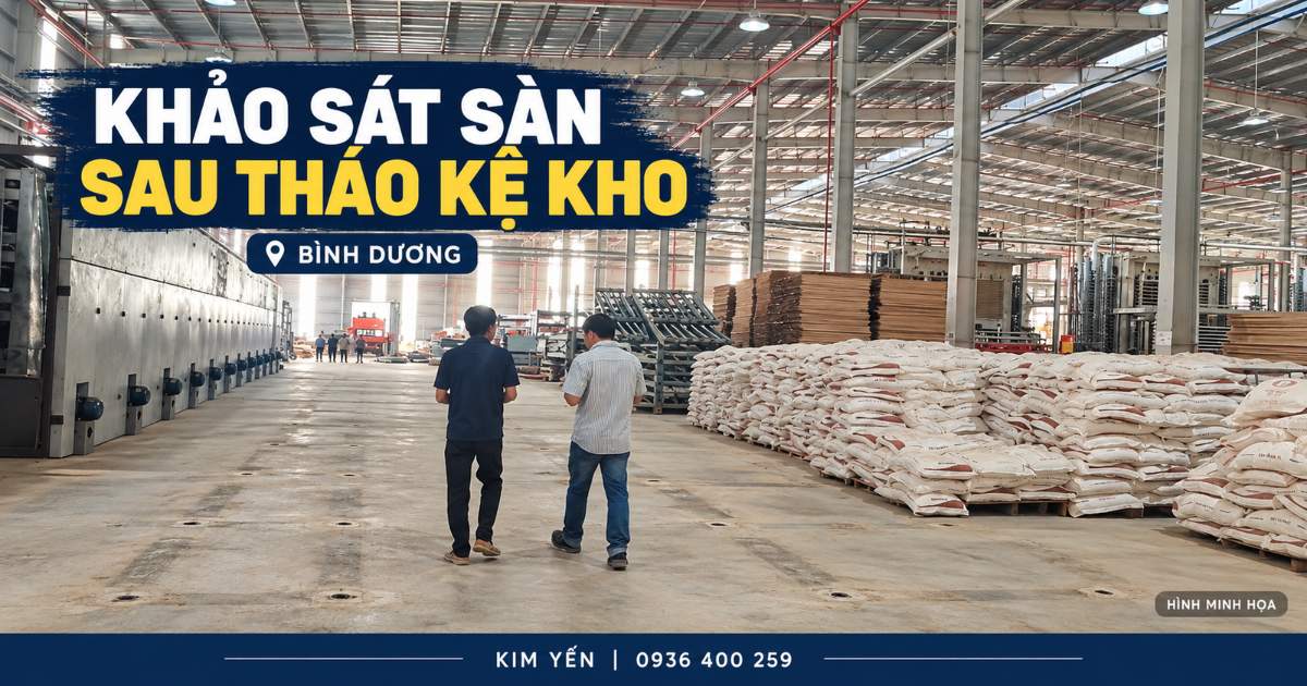 Minh họa khảo sát nền kho với dấu chân kệ và lỗ neo sau tháo dỡ