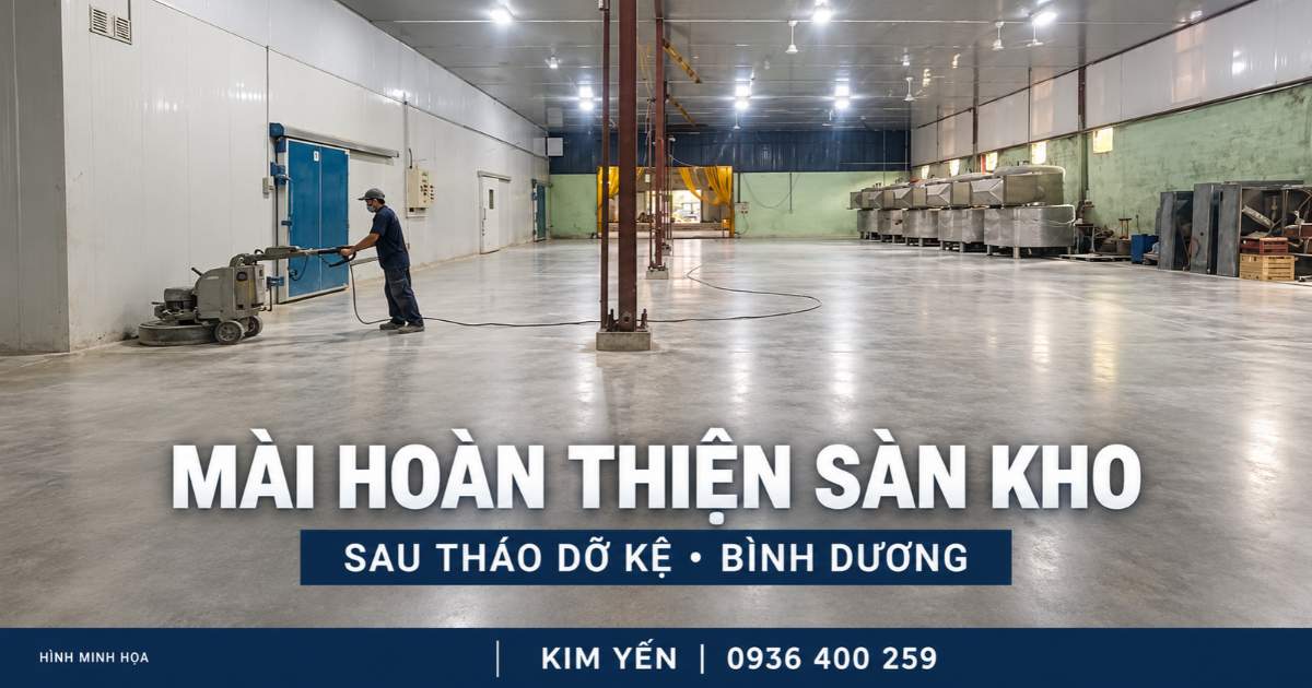 Minh họa mài hoàn thiện sàn bê tông trong kho với bề mặt sáng và phản chiếu nhẹ