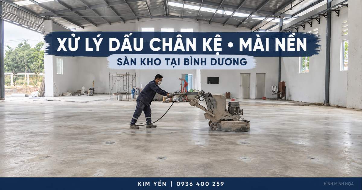 Minh họa công nhân vận hành máy mài trên nền kho có các vị trí vá lỗ neo chân kệ
